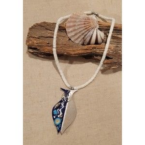 Vintage Enamel Fish Mix Media Pendant Puka Shell Necklace 16" Hawaiian Boho Surf